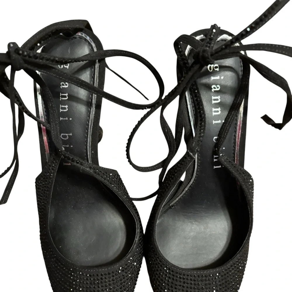 Gianni Bini Black Rhinestone Crystal  Pointy Toe Heels Stiletto 6M Strappy - Picture 2 of 8